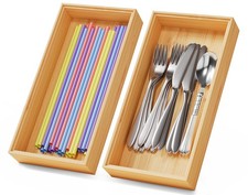 Bamboo Kitchen Drawer Organizer Boxes 12" x 6" Stackable Wood Silverware
