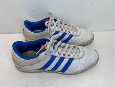 Adidas weiße Leder Turnschuhe Herren blau drei Streifen UK Größe 9