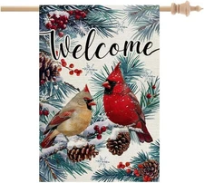 Winter Cardinal House Flag 28x40 Inch Double Sided Large Welcome Burlap Holid...