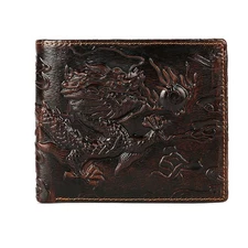 Dragon Brown Bifold Wallet Cow Genuine Leather Men Wallet Cowhide Travel Purse G