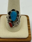 Vintage Old Pawn Native American Sterling Silver Turquoise Coral Ring Size 10