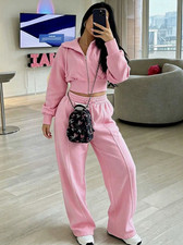 SizeMWomen s Pink 2-Piece Knit Polyester Zip Hoodie Wide-Leg Pants Set Pockets