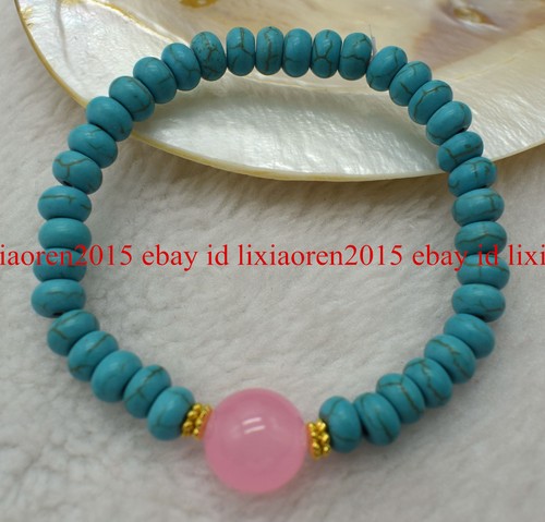 5x8mm Natural Blue Turquoise & 14mm Pink Quartz Gemstone Stretch Bracelet 7.5" - Picture 9 of 12