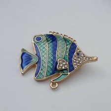 Brosche Anstecknadel Fisch goldfarben 4,5 cm türkisgrün blau klar B 65