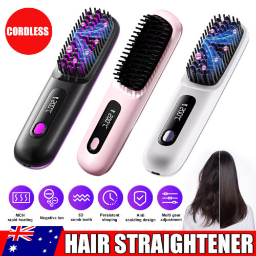 Hair Straightener Brush Negative Travel Portable Cordless Fast Heating Hot Comb - Picture 1 of 16