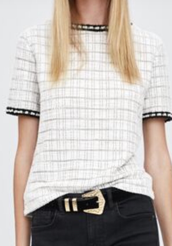 Zara tweed & pearl embellished t shirt S Small Top | eBay