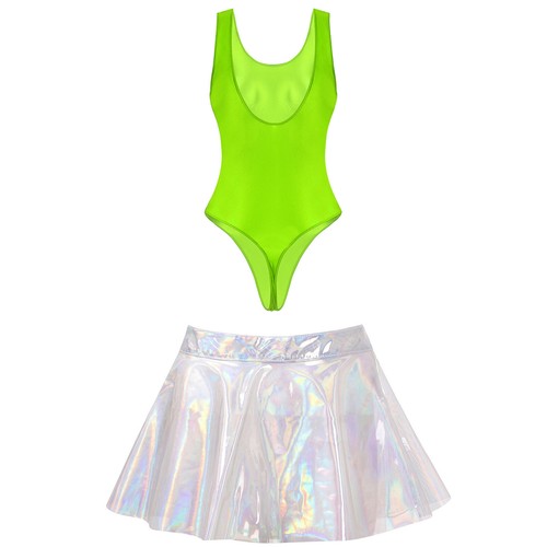Womens Flared Skirt High Waist Bodysuit See-Through Bathing Suit Backless Dance - Picture 51 of 95