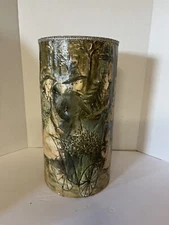 Vintage Victorian Trash Can JL Clark Paper Mache Metal 3D City Scene 16” Tall