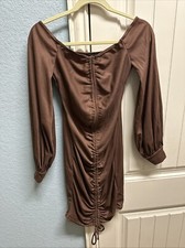 Pretty Little Thing NWT Chocolate Brown Ruched Balln Slv  Bodycon Dress Size 8