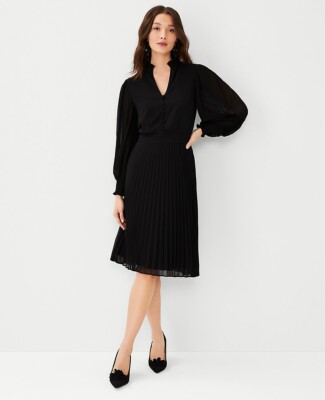 ann taylor pleated flare dress New $170 Ann Taylor Ruffle Pleated Flare Dress Black Size 4