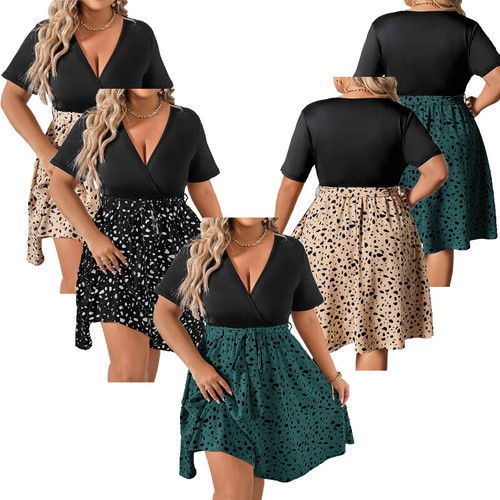 Women Plus Size Dresses Color Block Patchwork Printed Belted Dress Party Costume - Picture 2 of 13