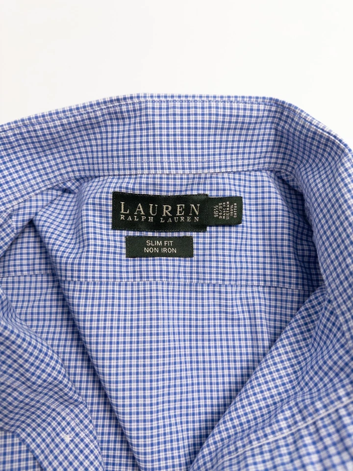 Camisa masculina LRL Ralph Lauren etiqueta preta 16,5 azul xadrez slim fit algodão sem ferro - Imagem 2 de 4