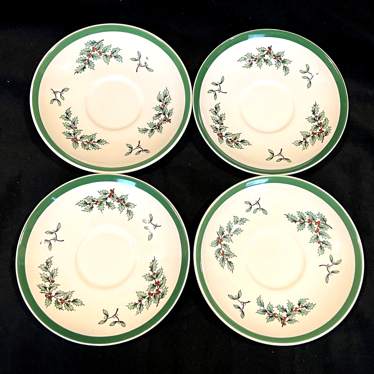 Set of 4 1993 Spode Christmas Holly Tree Coffee Tea Saucers S3324