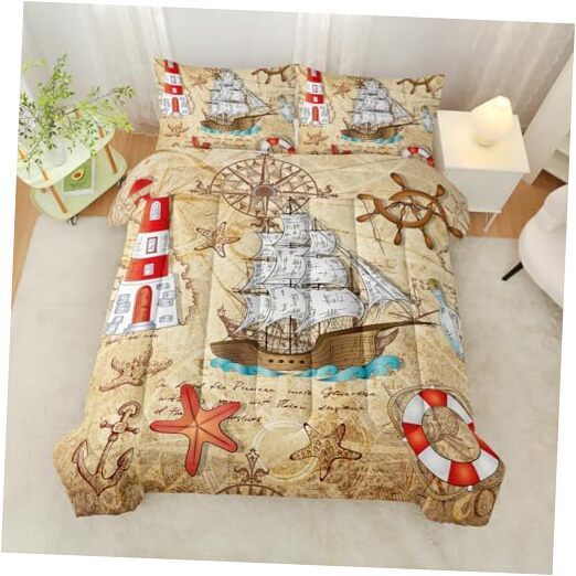 Kids Comforter Set, Lighthouse Bedding Sets for Boys Queen Nautical Sail Boat