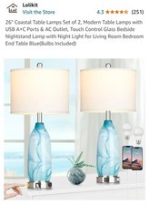 26" Coastal Table Lamps Set of 2, Modern Table Lamps with USB A C Ports  AC ...