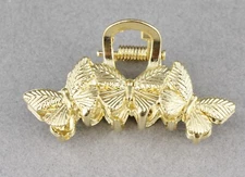 Gold hair clip metal 2" long small barrette claw clamp butterflies butterfly
