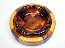 VTG AMBER GLASS ASHTRAY Waffle Diamond Bottom, 5 in. With Custom Wood Base