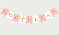 Pink God Bless Banner for Girls Baptism Decorations Christening First Communion