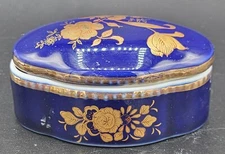 Vtg Limoges France Porcelain Blue Gold Flowers Mini Trinket Box Mini Dish Lidded