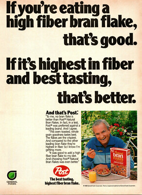 Vintage 1986 Post Natural Bran Flakes Man Eating Cereal Print Ad Advertisement 