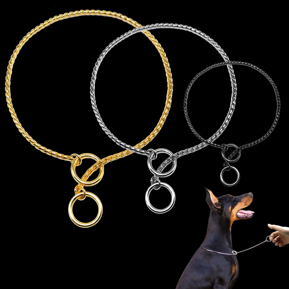 Chrome Dog Chain Collar P Leash Silver Gold Black Choke Show Collar M L
