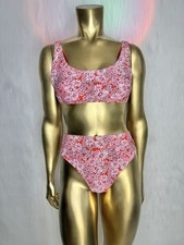 Floral Orange, Pink, Turquoise and White High-Waisted Bikini Set size Small