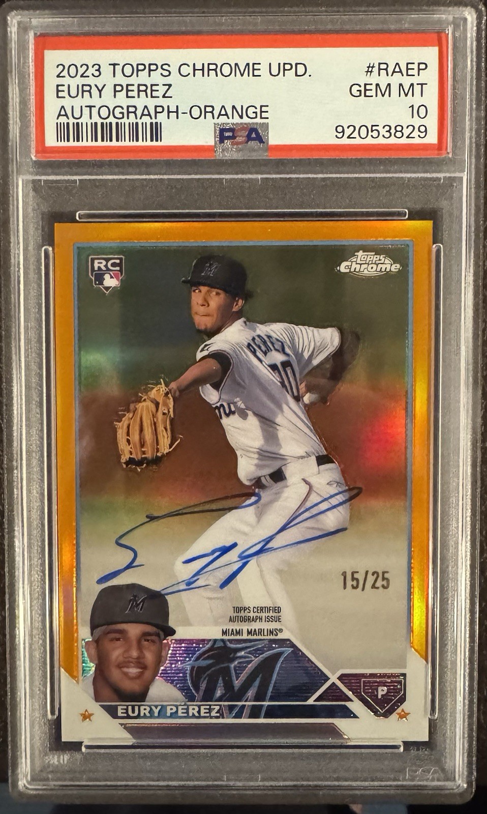 🔥💎Eury Perez 2023 Topps Chrome Upd Rookie On Card Auto True Orange/25 PSA10!🔥