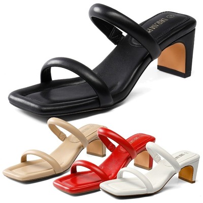 Women Low Chunky Block Heeled Sandals Square Toe Dress Slide Sandals