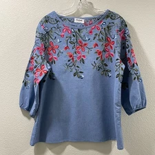 KINDRED (Anthropologie) Woven Embroidered Chambray Peasant Blouse, Lt. Blue - XL