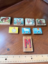 Lot of 8 mismatched Antique Children's Wooden Alphabet Blocks with Pictures