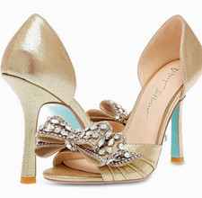 Betsey Johnson Women's Gold D'Orsay Open Toe Bow Rhinestone Heels 6.5B