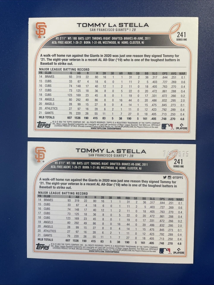 2022 Topps Tommy Lastella #241 Base & Foilboard /875 Giants - Image 4 of 4