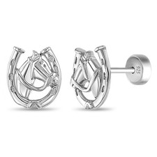 Winner's Circle Horse Kids / Girls Earrings Safety Push Back - Sterling Silver