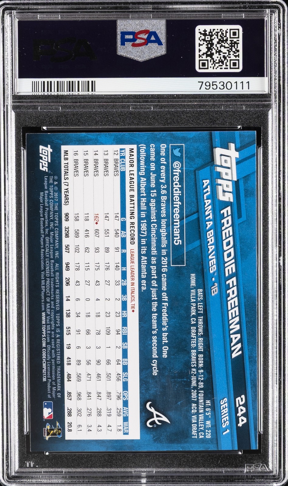 2017 TOPPS #244 FREDDIE FREEMAN PSA 10 view 2