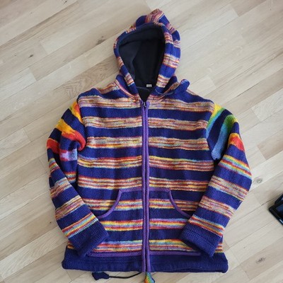 Nepaljacke Wolljacke Fleece Wolle Strickjacke Regenbogen  gestreift  -L-  Nepal