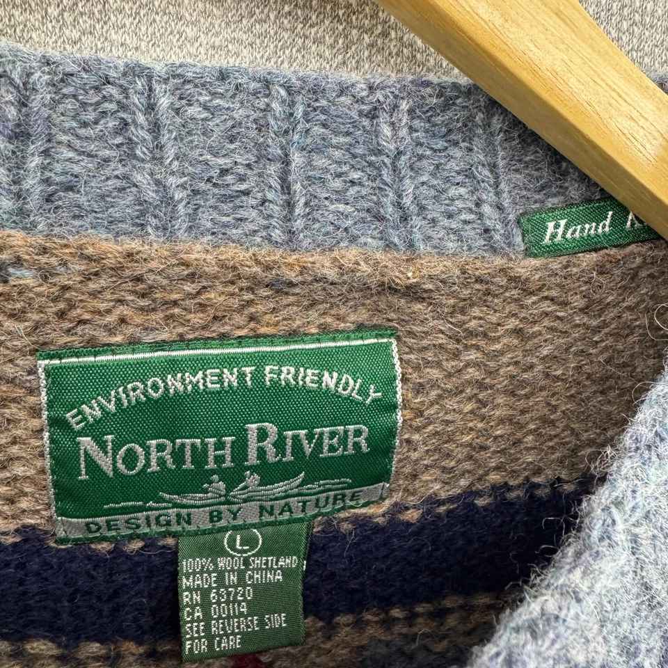 Suéter masculino vintage anos 90 North River grande 100% lã Shetland bandeira de malha manual - Imagem 4 de 4