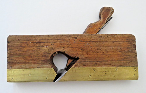 VINTAGE Antique Wooden 9.5 Inch Skew Rabbet Plane Brass Sole Plate Tool