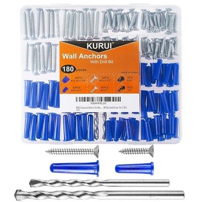 Concrete Anchors Drywall Masonry Stucco Brick 180Pcs Wall Hanging Assortment Kit