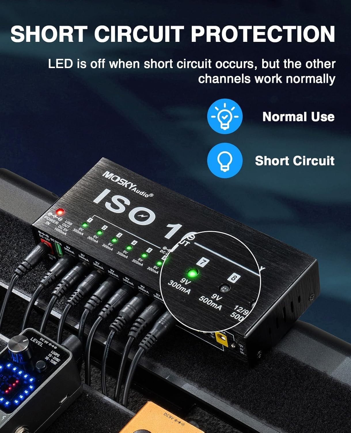 Mosky Guitar Pedal Power Supply 10 Isolated DC Output, 9V 12V 18V 300Ma 500Ma Ef