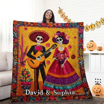 Custom Dia de los Muertos Skeleton Couple Quilt Day of the Dead Gothic Gift