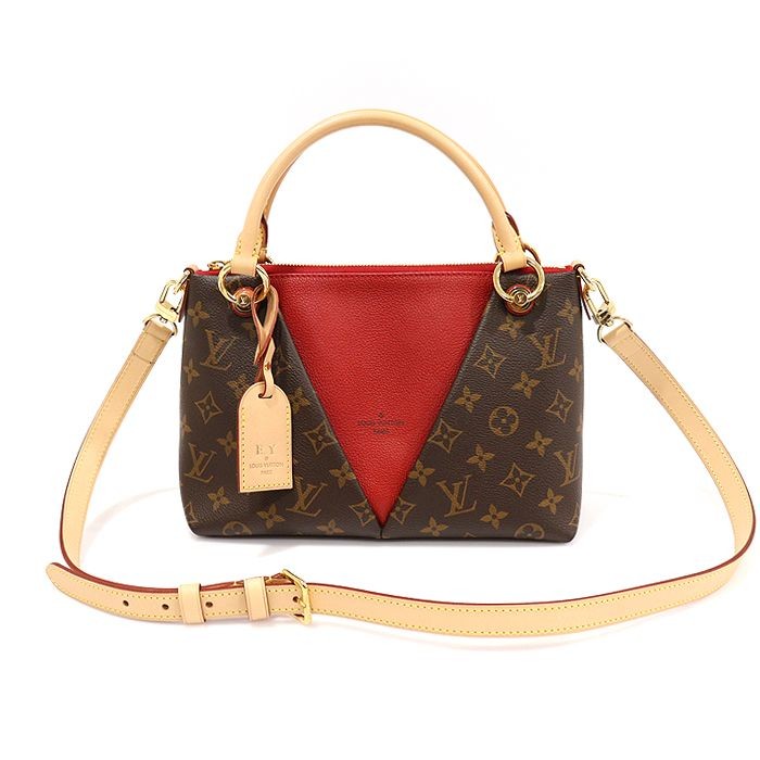 Louis Vuitton V Tote BB in Brown Red Leather and Canvas