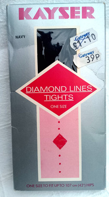 KAYSER 1980s Vintage Diamond Lines Patterned Navy Sheer Tights Up To 42'' Hips