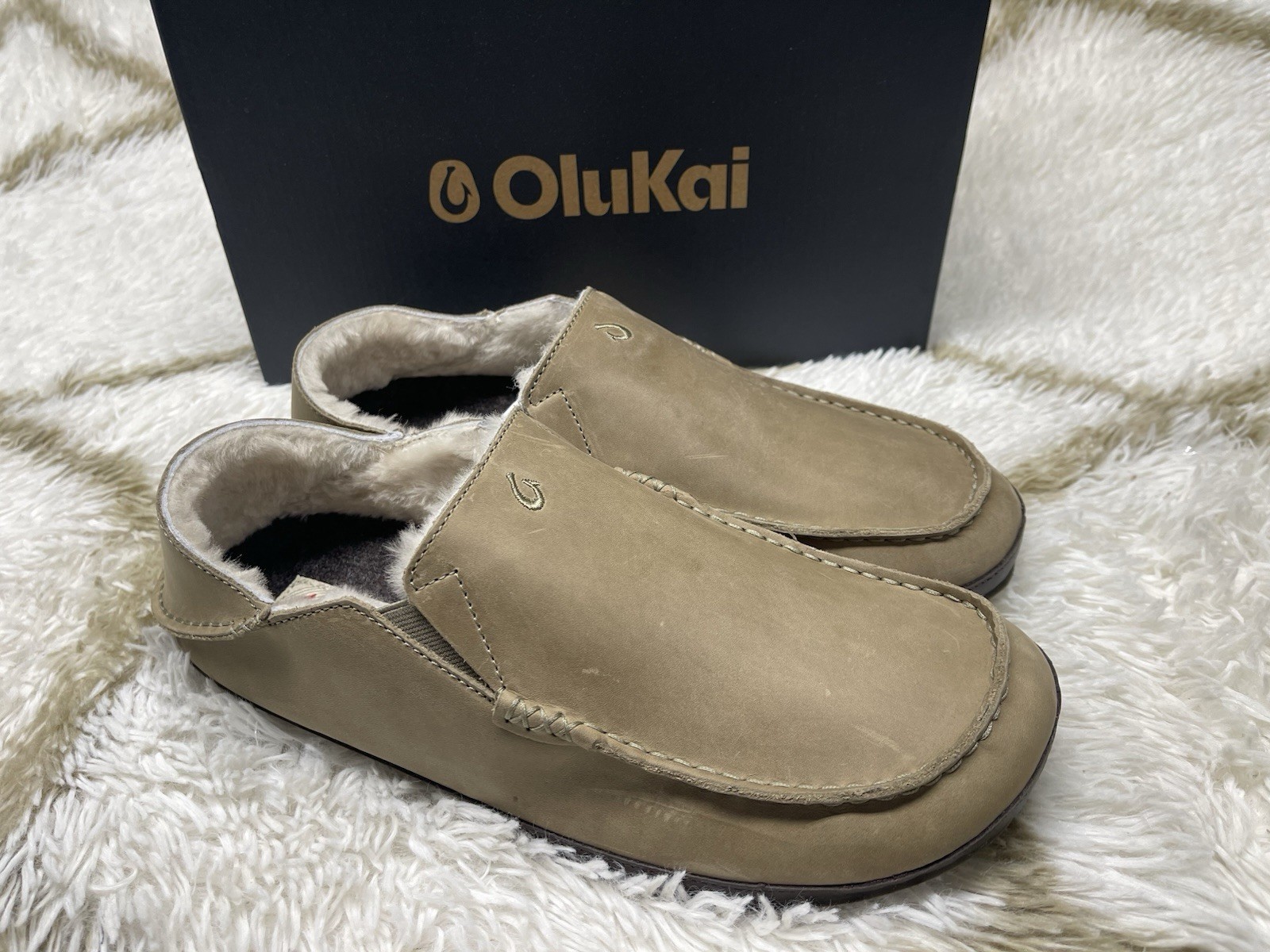 🧡Olukai Moloa Men's Size 12 Clay/Dark Jave Leather Shearling Slippers Fast Ship