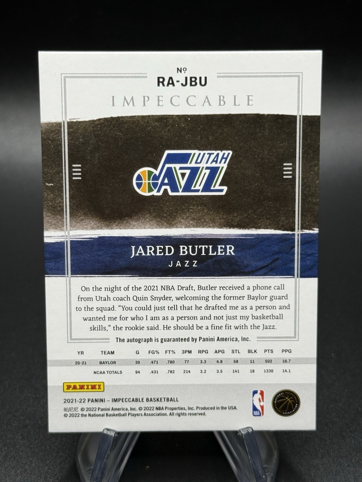 2021-22 Jared Butler Panini Impeccable Asia Red Rookie Auto Patch #RA-JBU /88 view 2