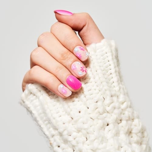 Press on Nails Extra Short Squoval, Spring Summer Hot Pink Flower Amour Petals - Picture 4 of 6
