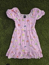 BoxLunch Hello Kitty Sanrio Fruits Smocked Puff Sleeve Kawaii Pink Dress Medium