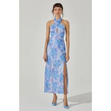 ASTR The Label Amara Halter Maxi Dress Blue Multi Watercolor | Size S