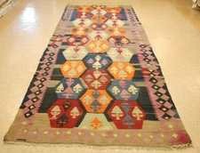 OLD,ANTIQUE RARE SIZE CAUCASIAN KILIM RUG 5' x 12'9" HIGH KPSI_COLORFUL_VEGY DYE
