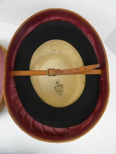 Antique Leather Hat Box with Men's Victorian Black Plush Velvet Top Hat - Picture 8 of 12