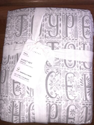 Pottery Barn Gray Peace On Earth Percale Cotton Sheet Set Full Organic Christmas